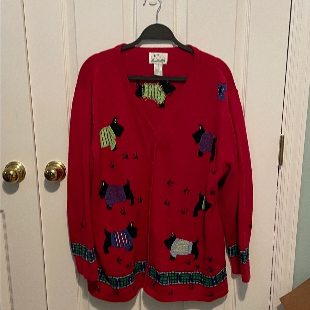Quacker Factory Red Cardigan with Dog Design